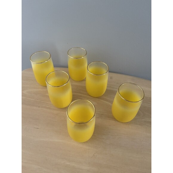 Vintage Blendo Frosted Yellow Gold Trim Juice Glasses West Virginia Lot of 6 MCM - Picture 6 of 10